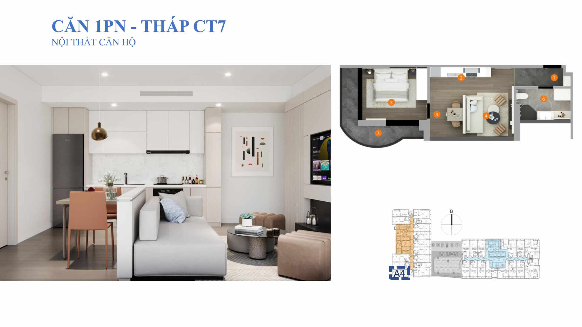 Mặt bằng công năng và hình ảnh nội thất hiện đại của căn hộ 1PN tháp CT7 dự án Da Nang Times Square, với không gian bếp, phòng khách, phòng ngủ và logia view biển.