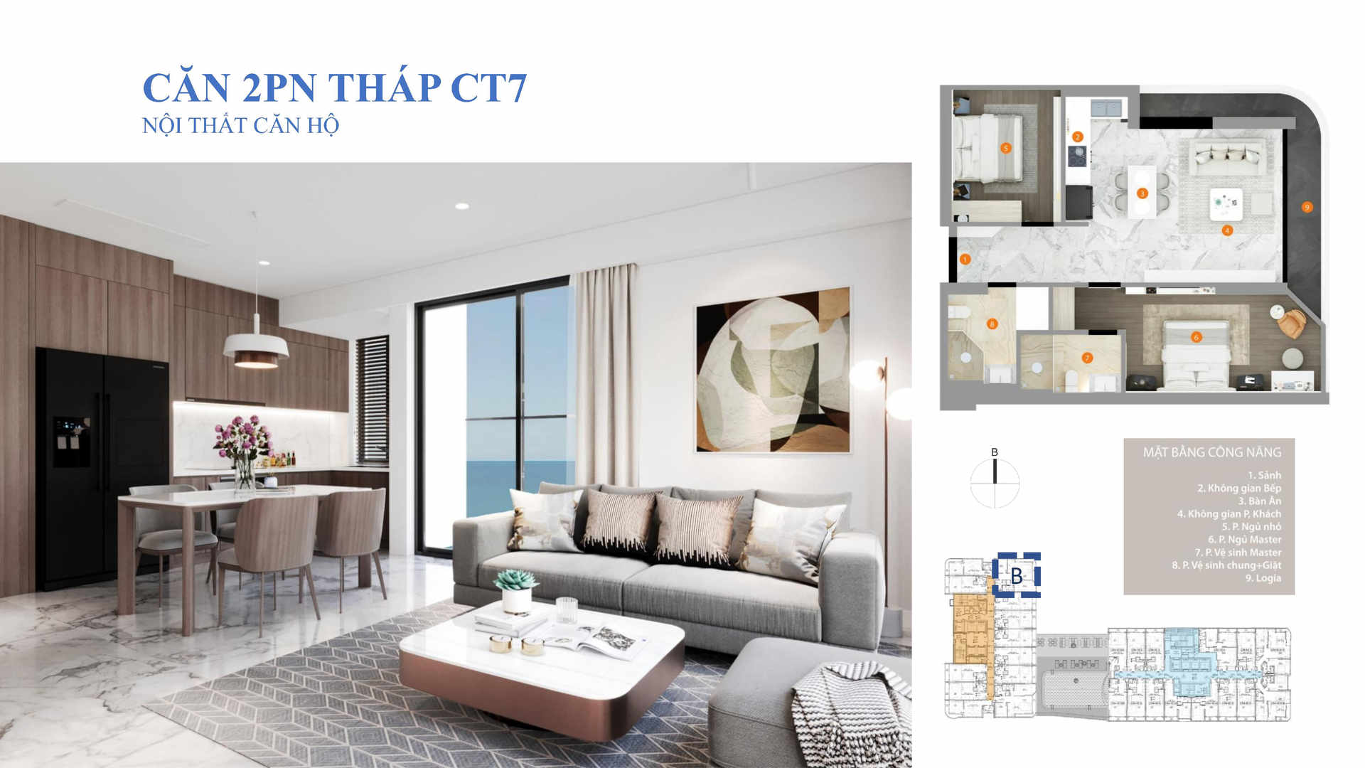 Mặt bằng công năng và hình ảnh nội thất hiện đại của căn hộ 2 PN tháp CT7 dự án Da Nang Times Square, với không gian bếp, phòng khách, phòng ngủ và logia view biển.