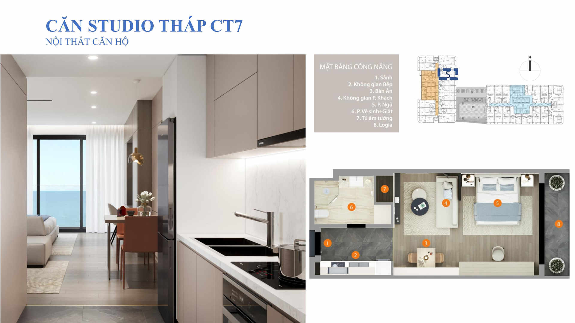 Mặt bằng công năng và hình ảnh nội thất hiện đại của căn hộ studio tháp CT7 dự án Da Nang Times Square, với không gian bếp, phòng khách, phòng ngủ và logia view biển.